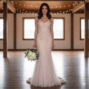 Monique Lhullier Sz 10 Light Pink Strapless Siren Tulle Wedding Dress